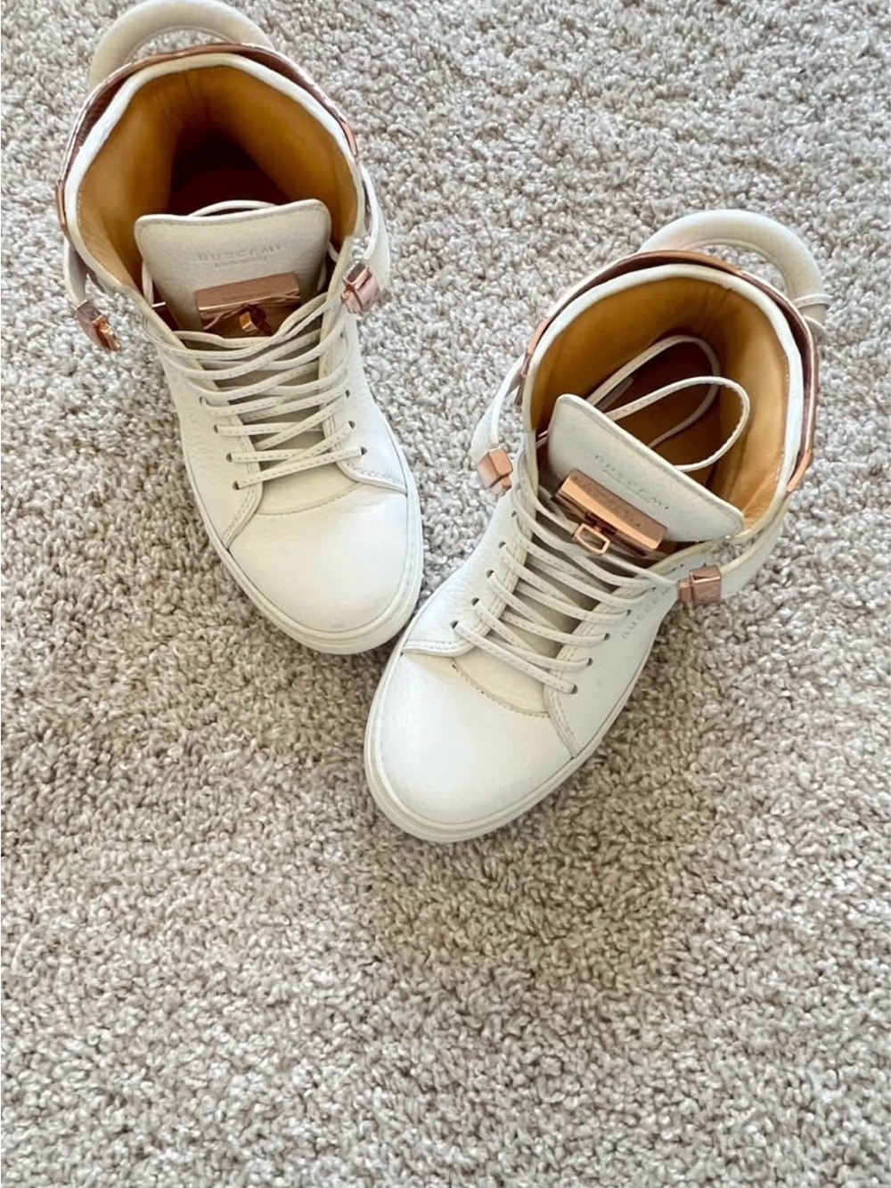 Buscemi Cream 100mm High-Top Sneakers with Rose Gold Hardware, Handmade in Italy